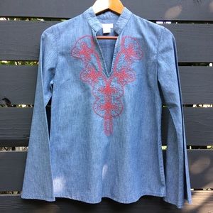 Chambray boho bell sleeves embroidered shirt